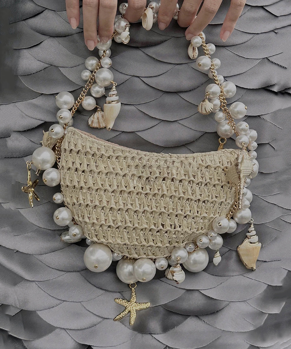 New Apricot Straw Woven Pearl Tote Handbag