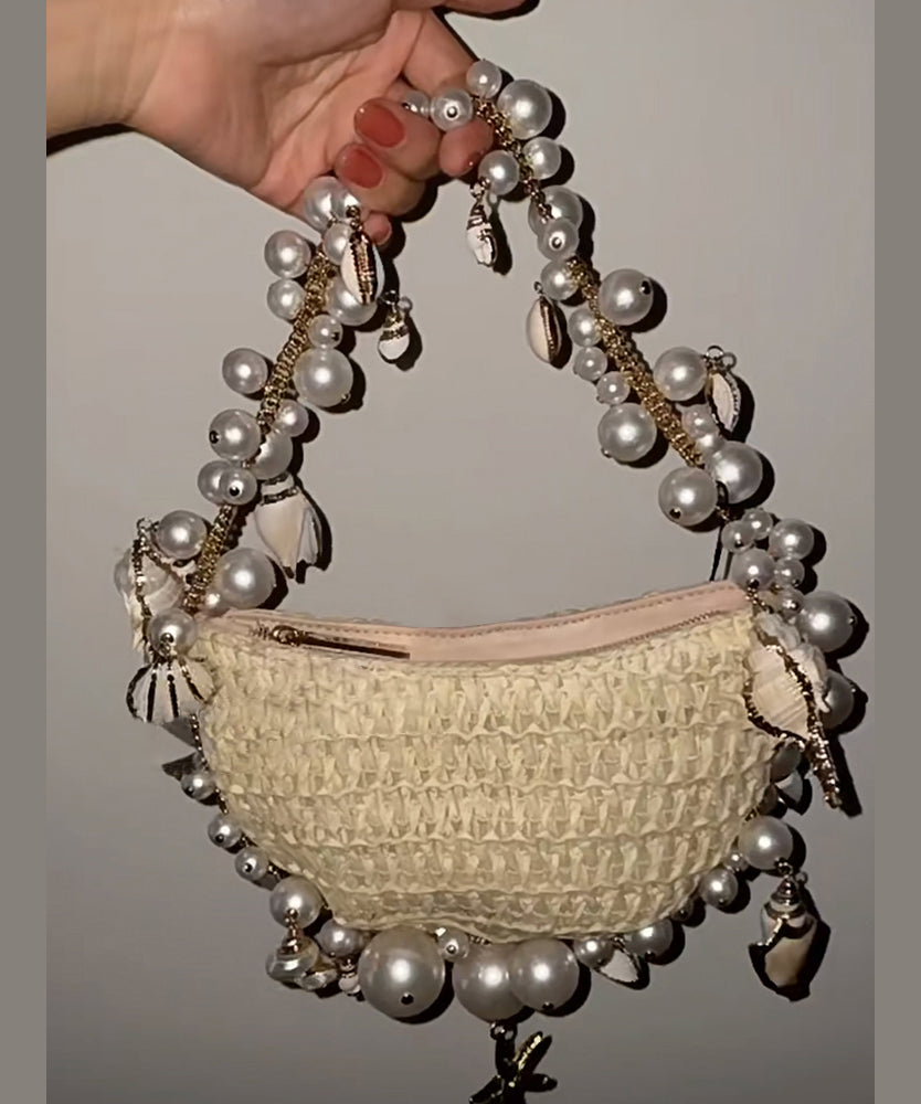 New Apricot Straw Woven Pearl Tote Handbag