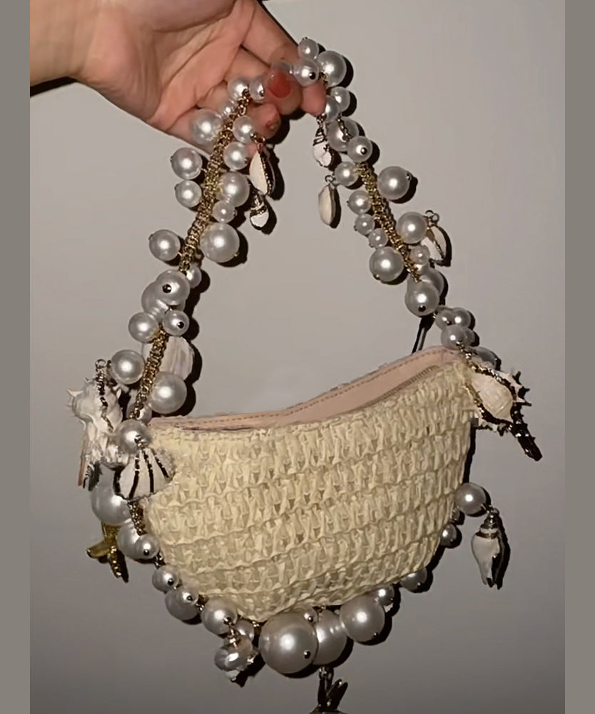 New Apricot Straw Woven Pearl Tote Handbag