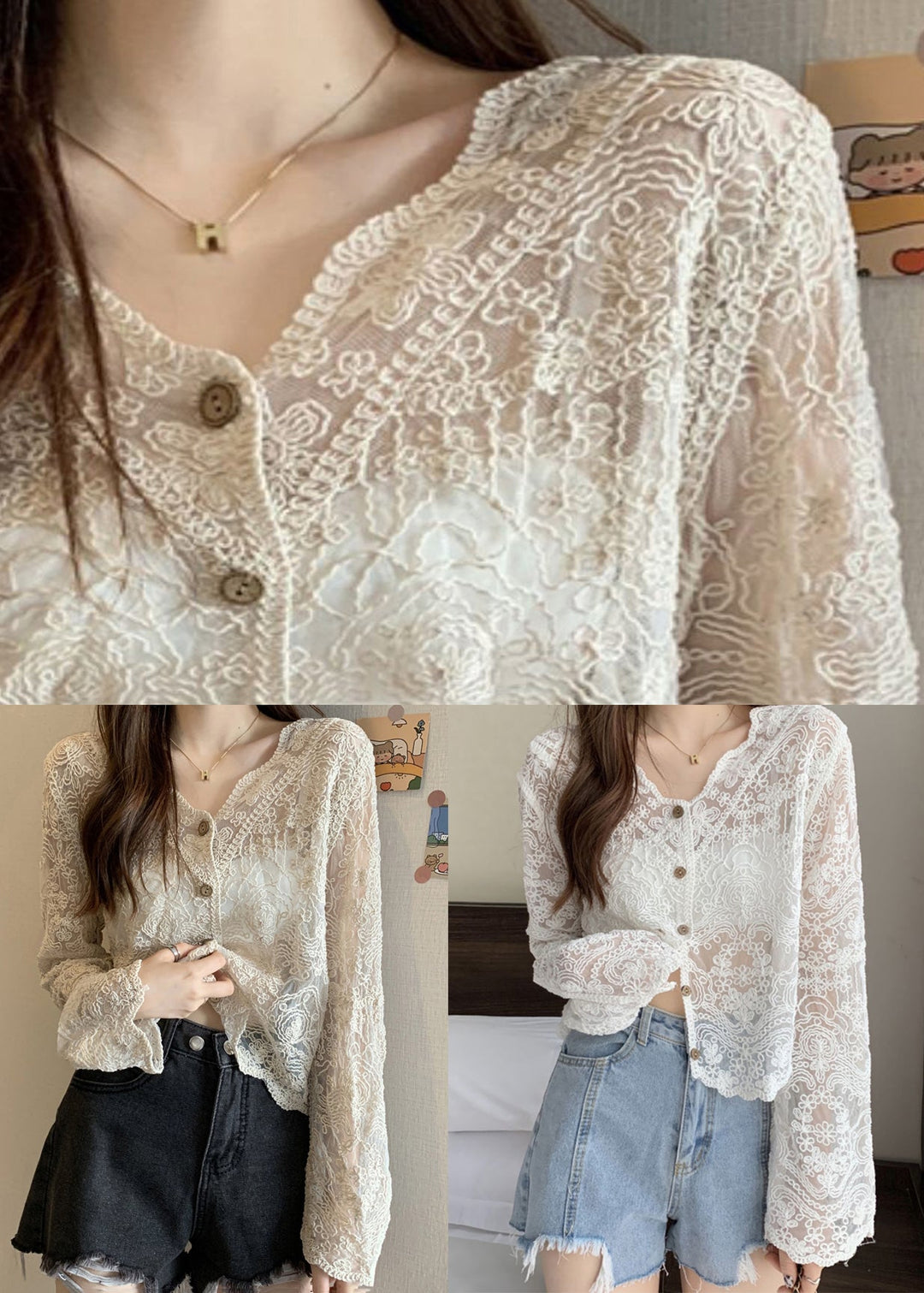 New Apricot V Neck Hollow Out Thin Lace Cardigans Summer