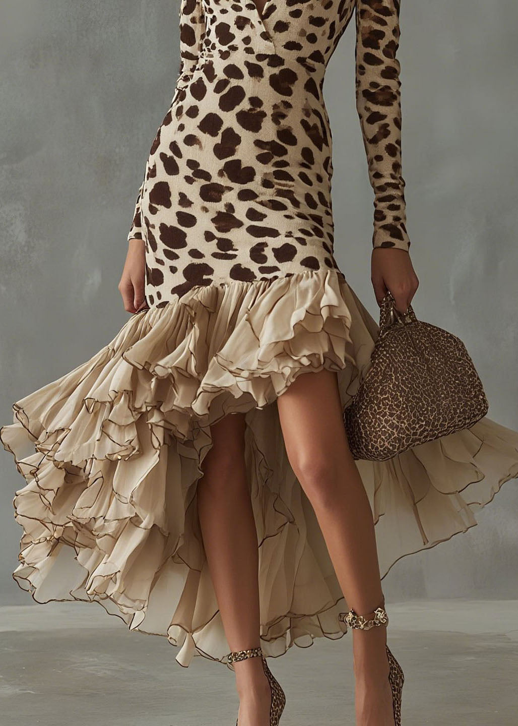 New Apricot V Neck Print Ruffled Patchwork Maxi Dress Fall