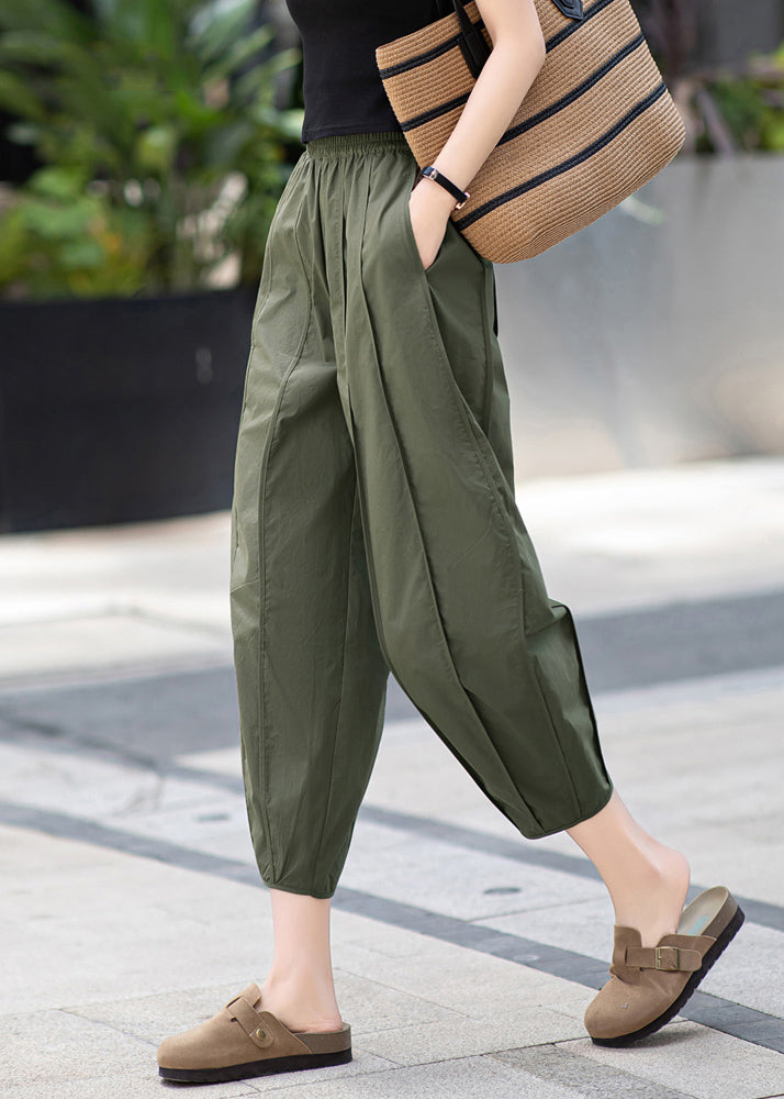 New Army Green Wrinkled Pockets Cotton Crop Pants Summer