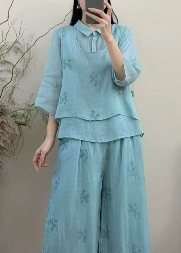 New Baby Blue Embroidered Patchwork Linen Blouse Tops Summer