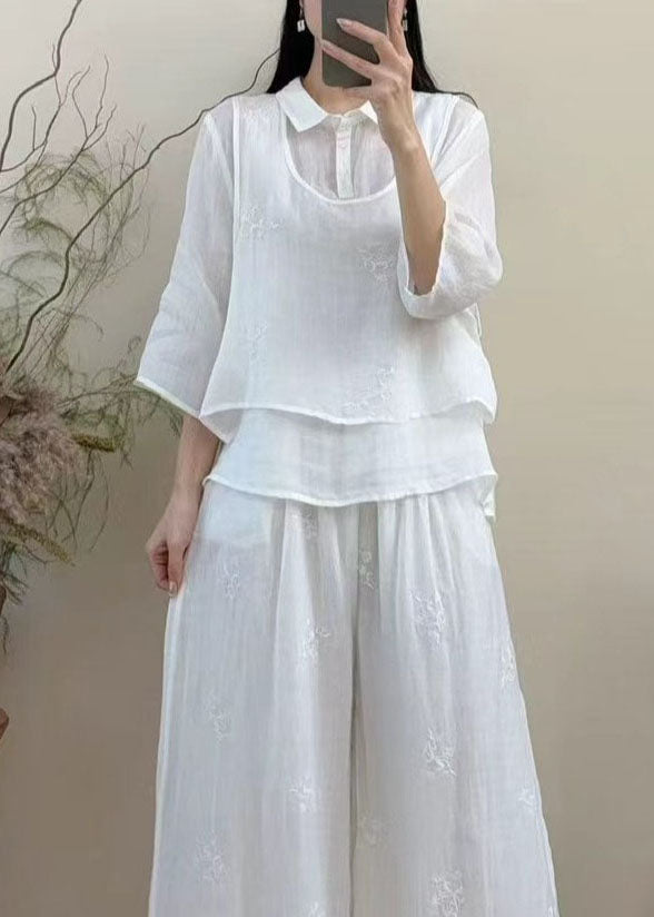 New Baby Blue Embroidered Patchwork Linen Blouse Tops Summer