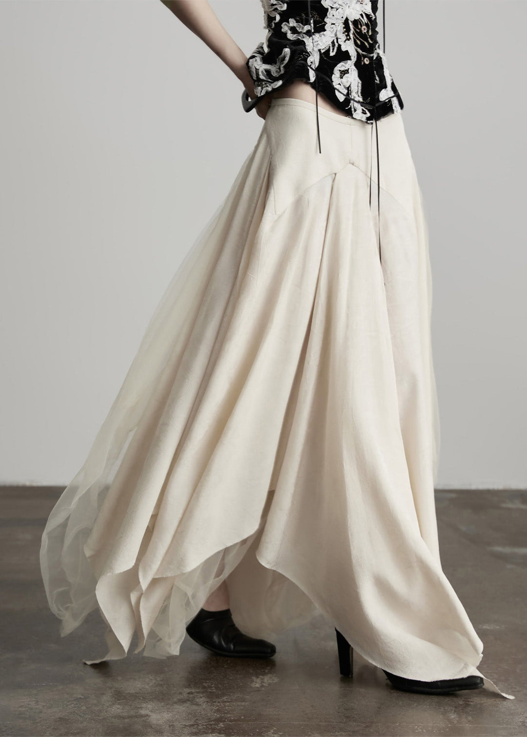 New Beige Asymmetrical Tulle Patchwork Linen Silk Skirt Fall