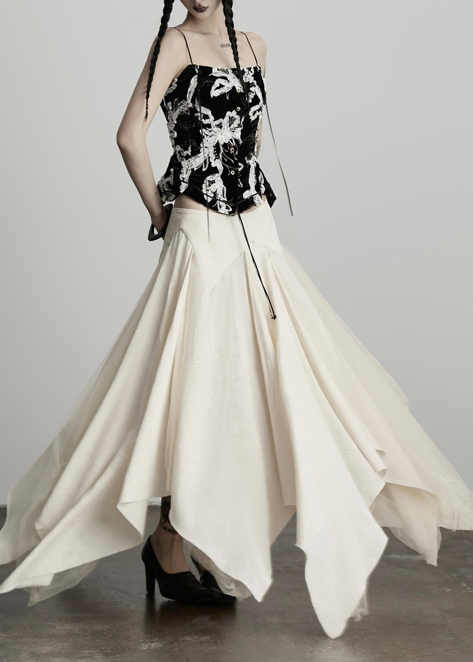 New Beige Asymmetrical Tulle Patchwork Linen Silk Skirt Fall