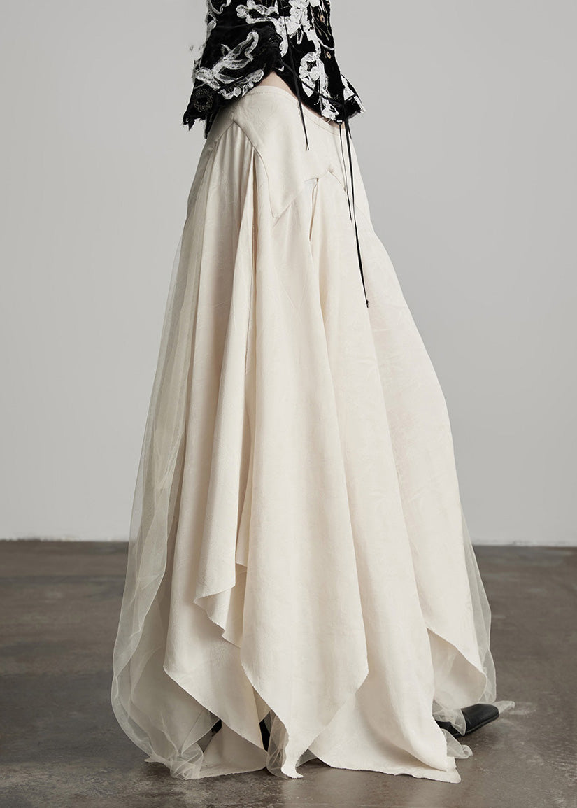 New Beige Asymmetrical Tulle Patchwork Linen Silk Skirt Fall