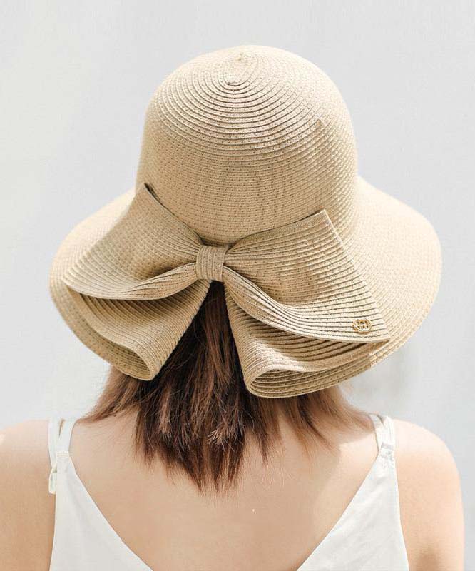 New Beige Bow Straw Woven Floppy Sun Hat