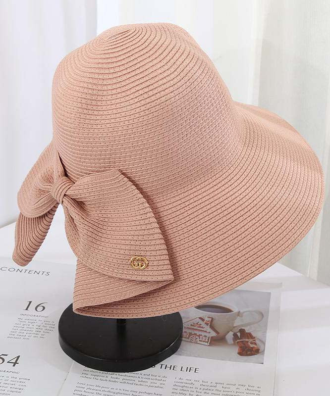 New Beige Bow Straw Woven Floppy Sun Hat