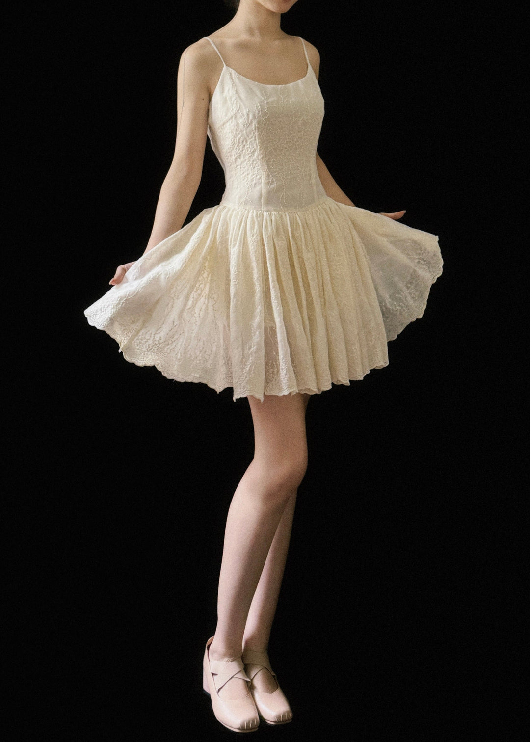 New Beige Embroidered Wrinkled Cotton Mini Dresses Sleeveless