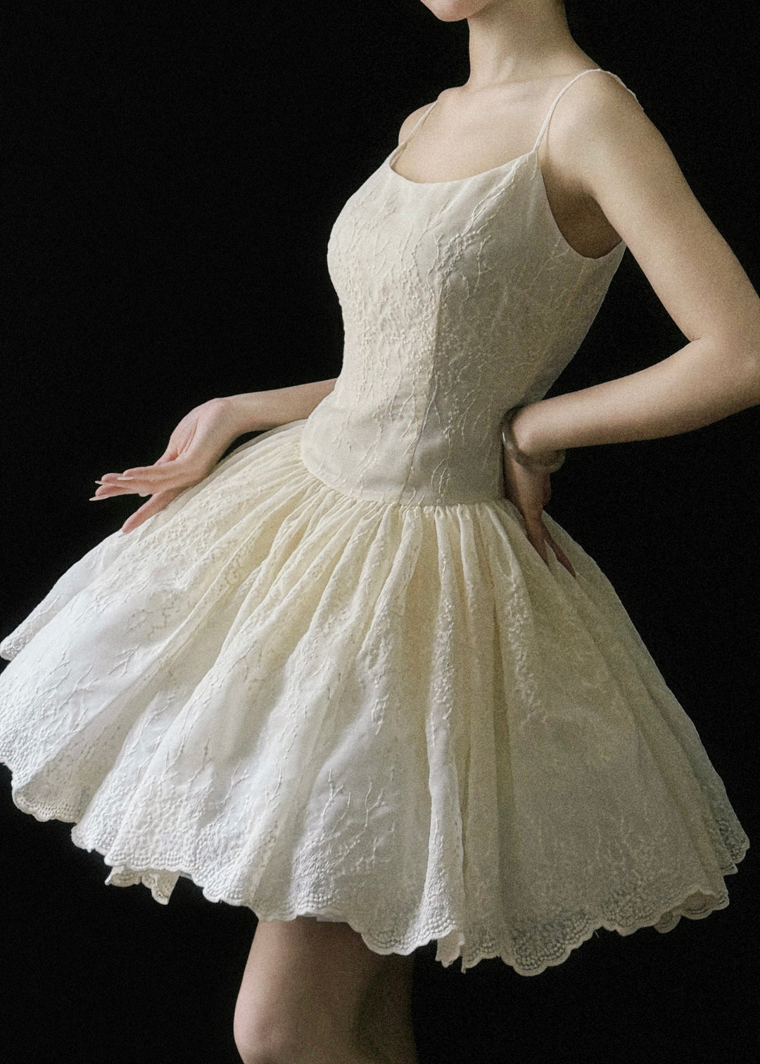New Beige Embroidered Wrinkled Cotton Mini Dresses Sleeveless