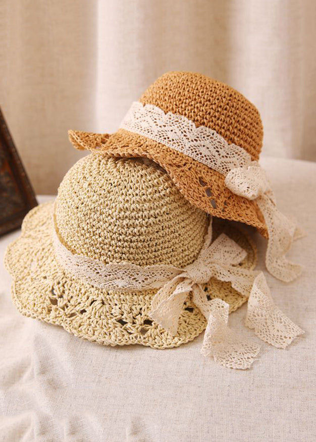 New Beige Hollow Out Lace Straw Woven Bucket Hat
