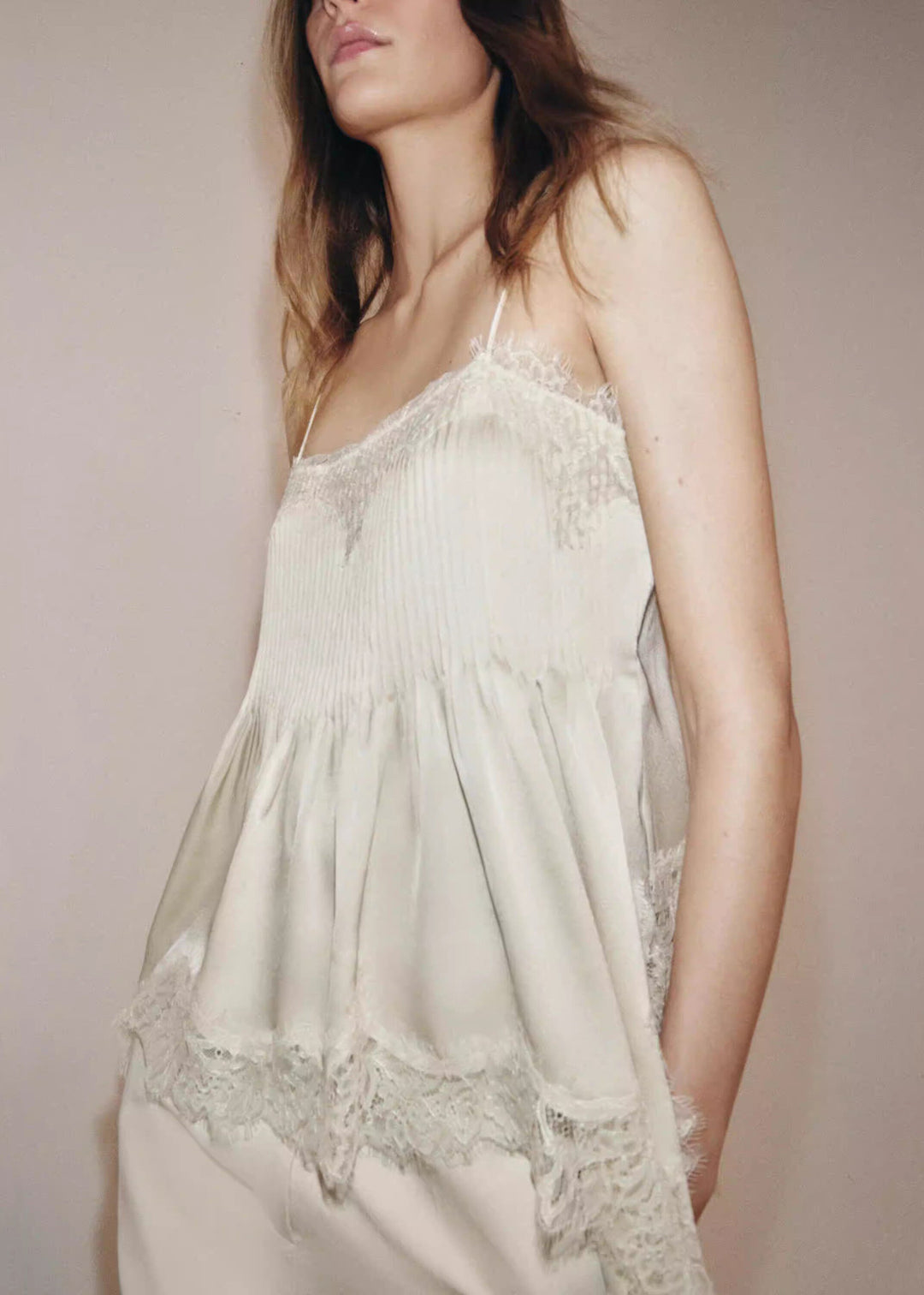 New Beige Lace Asymmetrical Patchwork Silk Tops Sleeveless