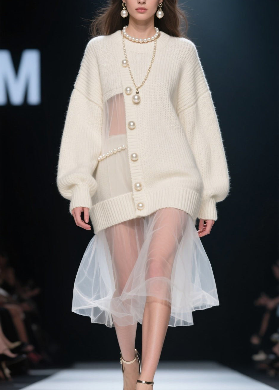 New Beige Nail Bead Tulle Patchwork Knit Sweaters Dress Fall