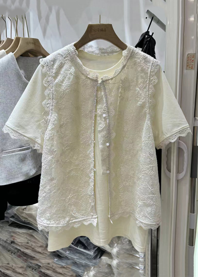 New Beige O Neck Button Lace Two Pieces Set Summer