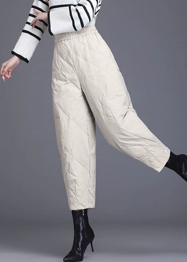 New Beige Pockets Elastic Waist Fine Cotton Filled Crop Pants Winter