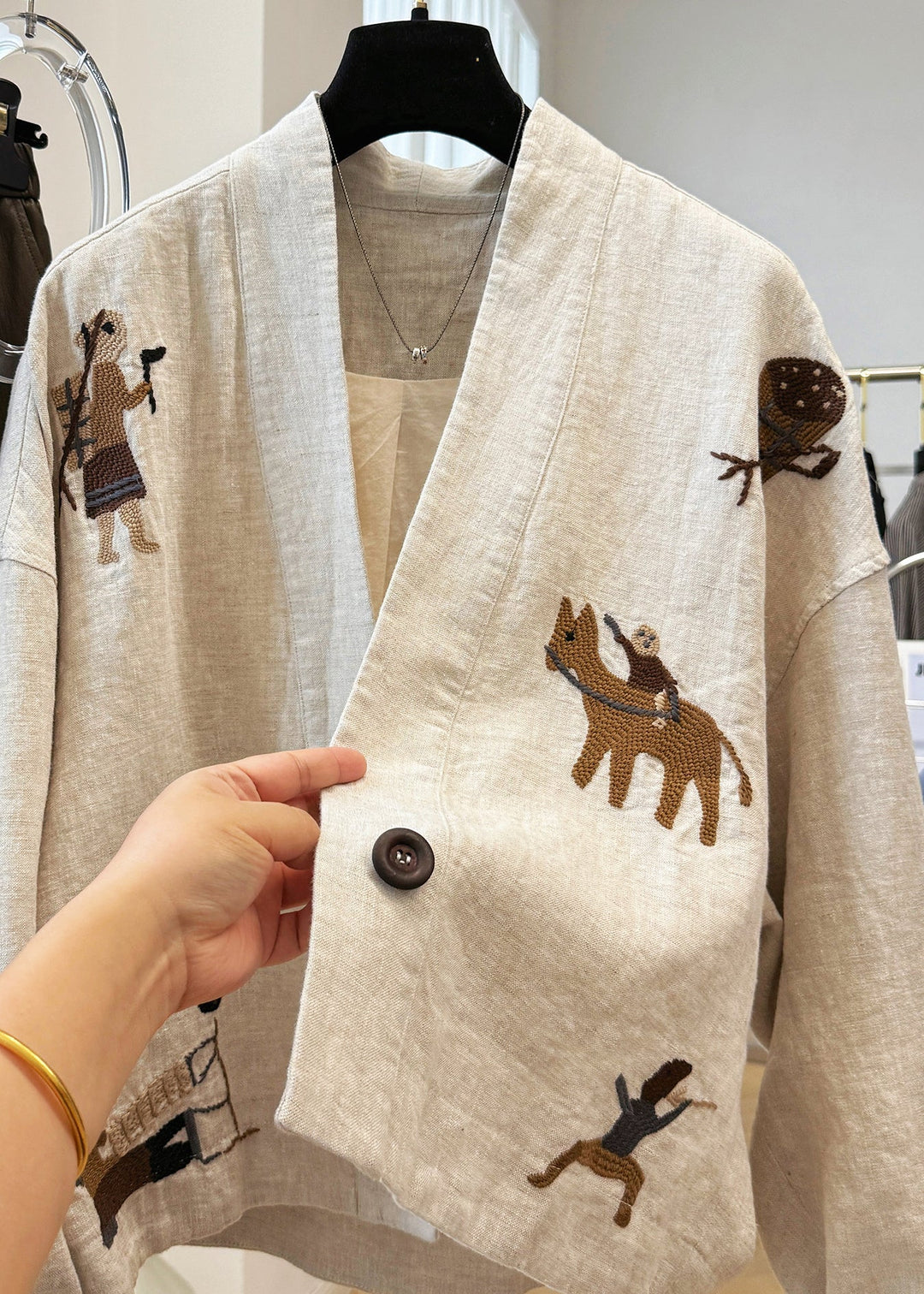 New Beige V Neck Embroidered Patchwork Linen Coats Fall