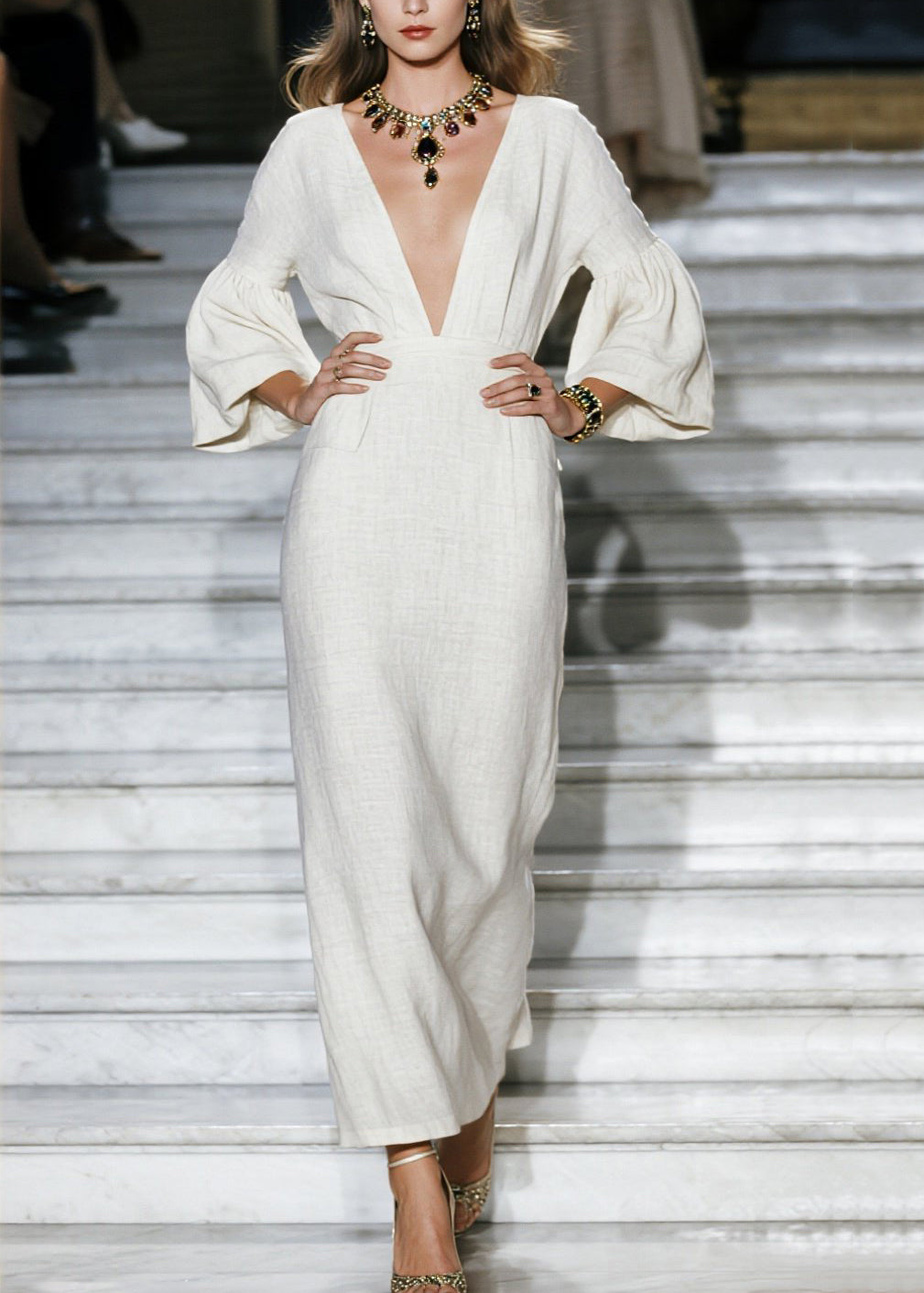 New Beige V Neck Patchwork Loose Cotton Maxi Dresses Fall