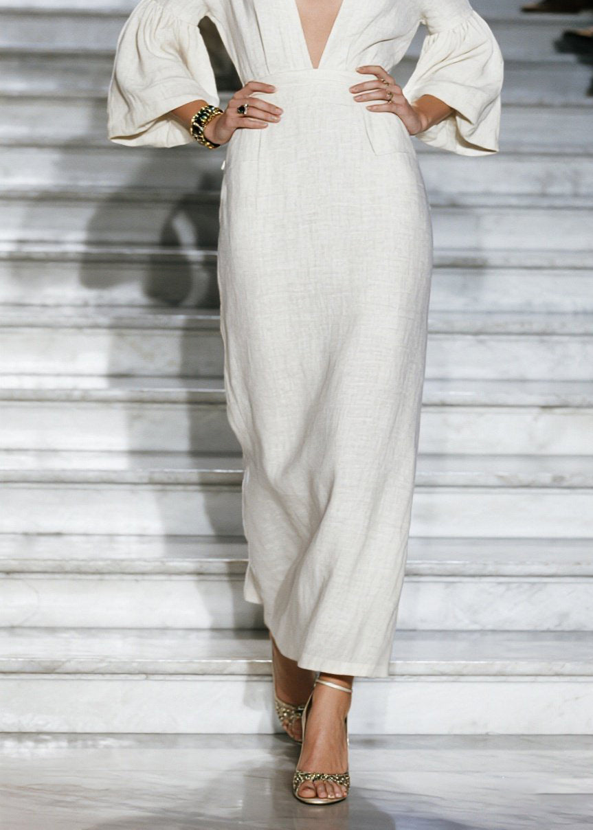 New Beige V Neck Patchwork Loose Cotton Maxi Dresses Fall