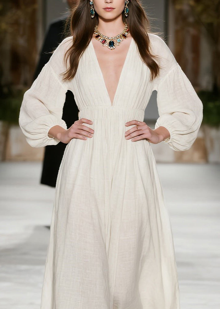 New Beige V Neck Wrinkled Patchwork Cotton Dress Fall