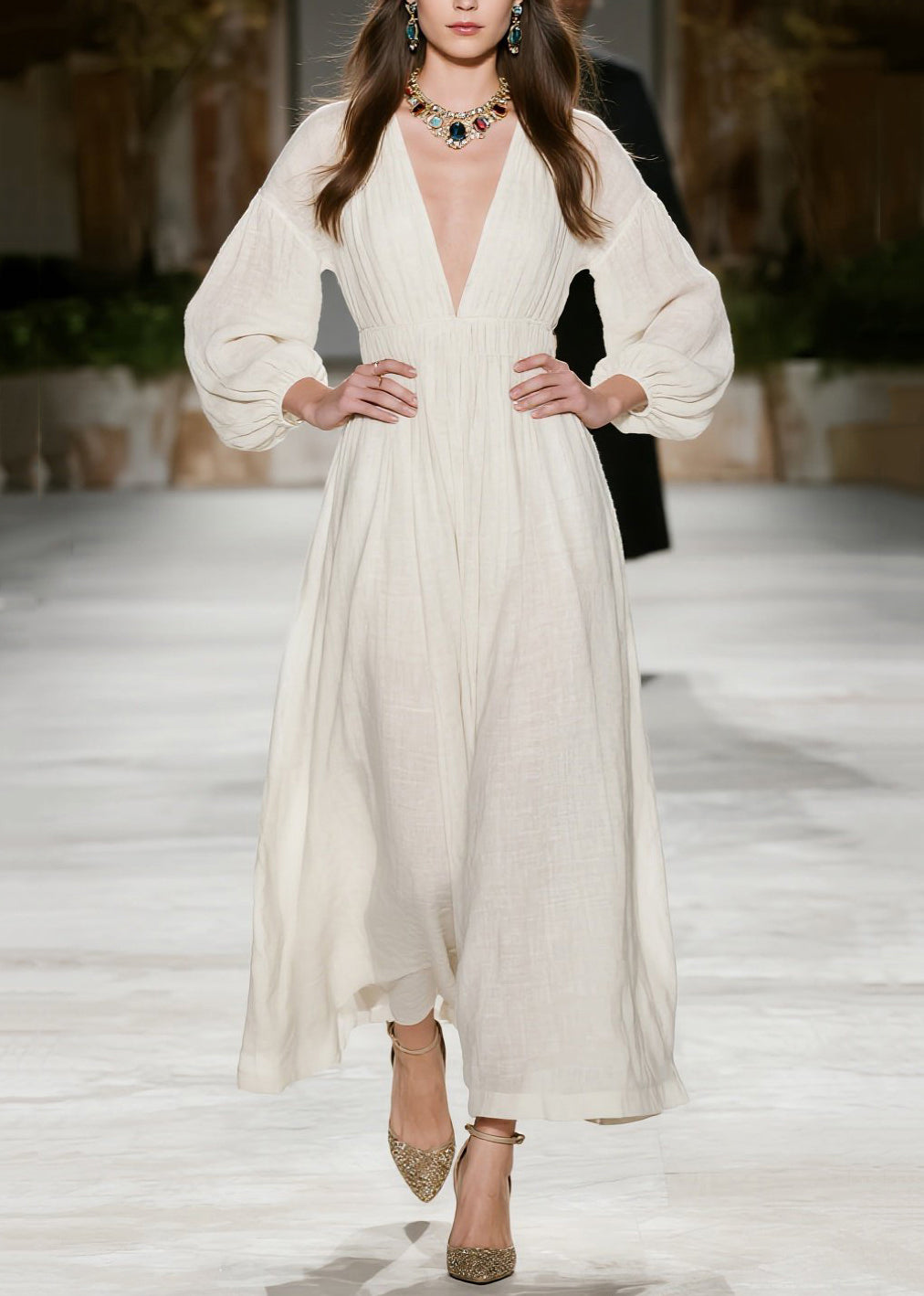 New Beige V Neck Wrinkled Patchwork Cotton Dress Fall