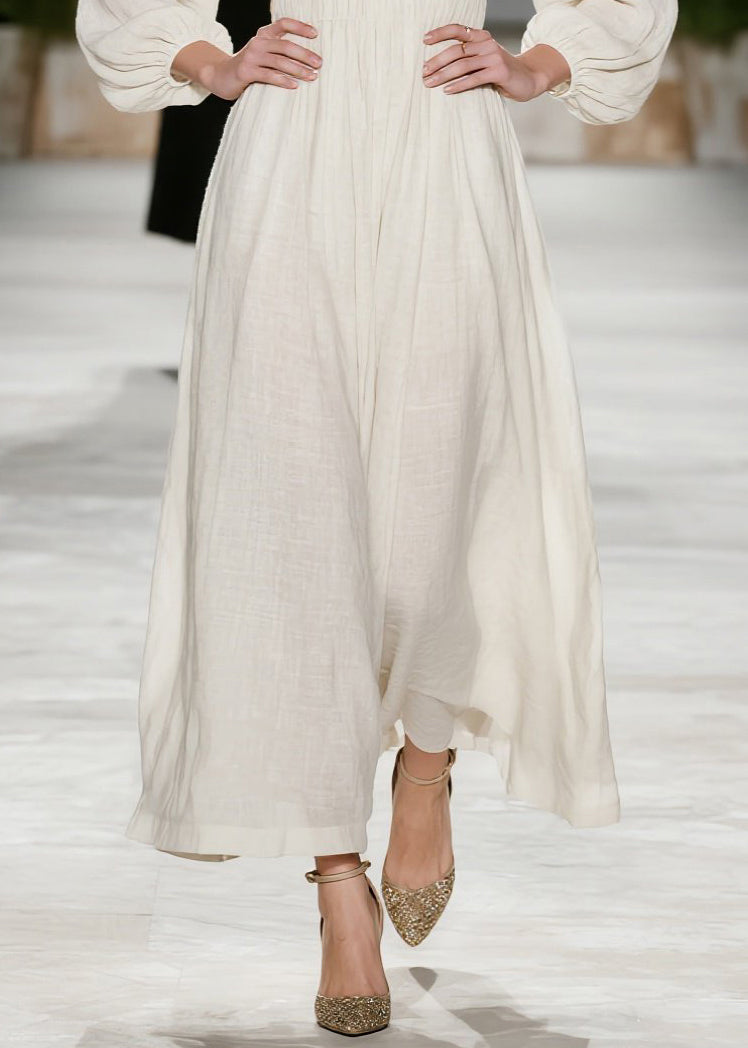 New Beige V Neck Wrinkled Patchwork Cotton Dress Fall