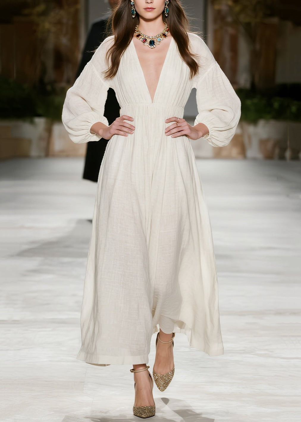 New Beige V Neck Wrinkled Patchwork Cotton Dress Fall