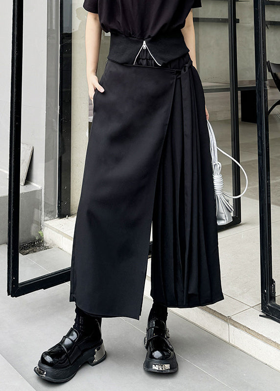 New Black Asymmetrical Pleated Ribbon Splicing Fake Two Piece Wide Leg Pants