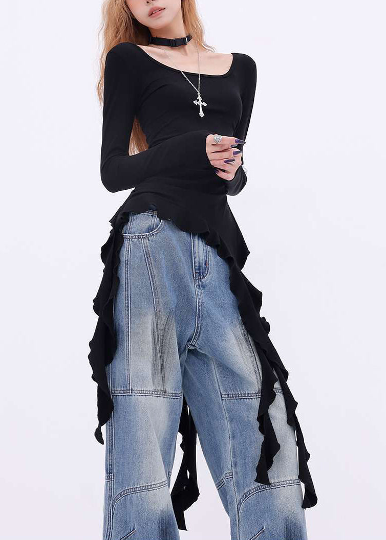 New Black Asymmetrical Solid Cotton T Shirts Spring