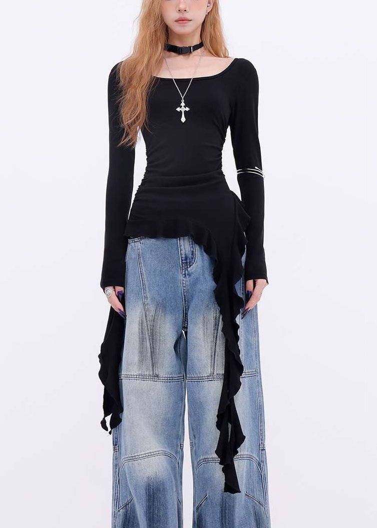 New Black Asymmetrical Solid Cotton T Shirts Spring