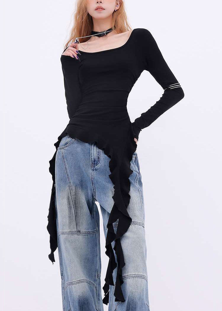 New Black Asymmetrical Solid Cotton T Shirts Spring