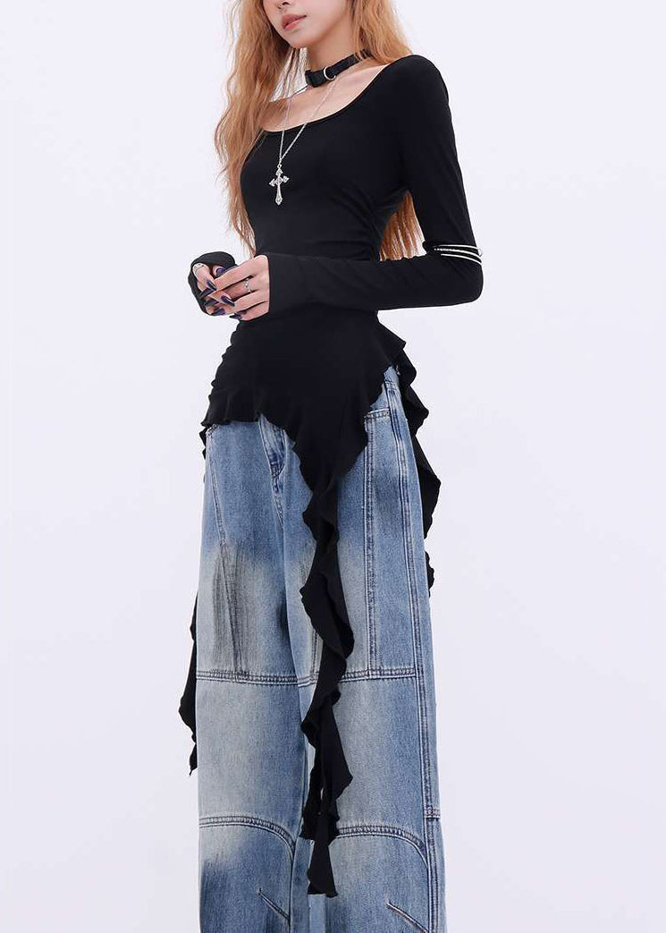 New Black Asymmetrical Solid Cotton T Shirts Spring