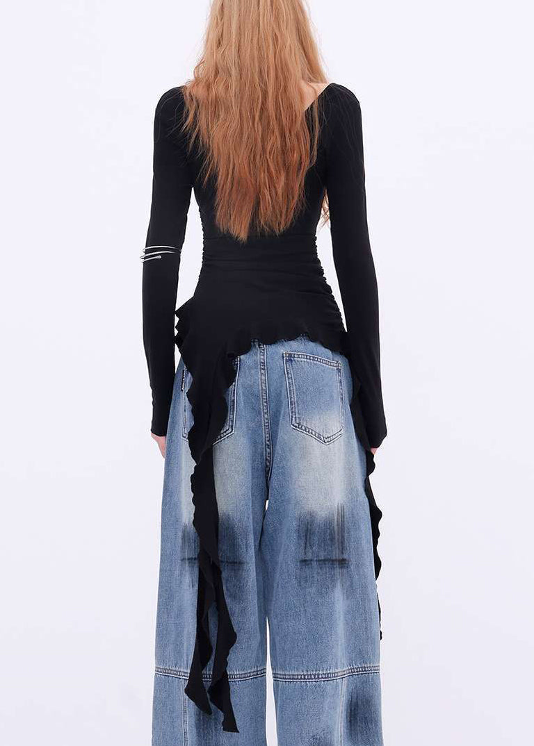 New Black Asymmetrical Solid Cotton T Shirts Spring