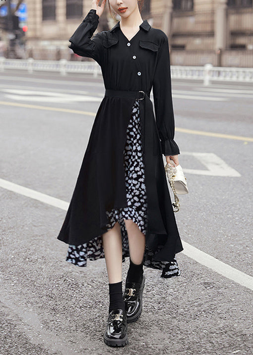 New Black Asymmetrical Tie Waist Patchwork Chiffon Dress Long Sleeve