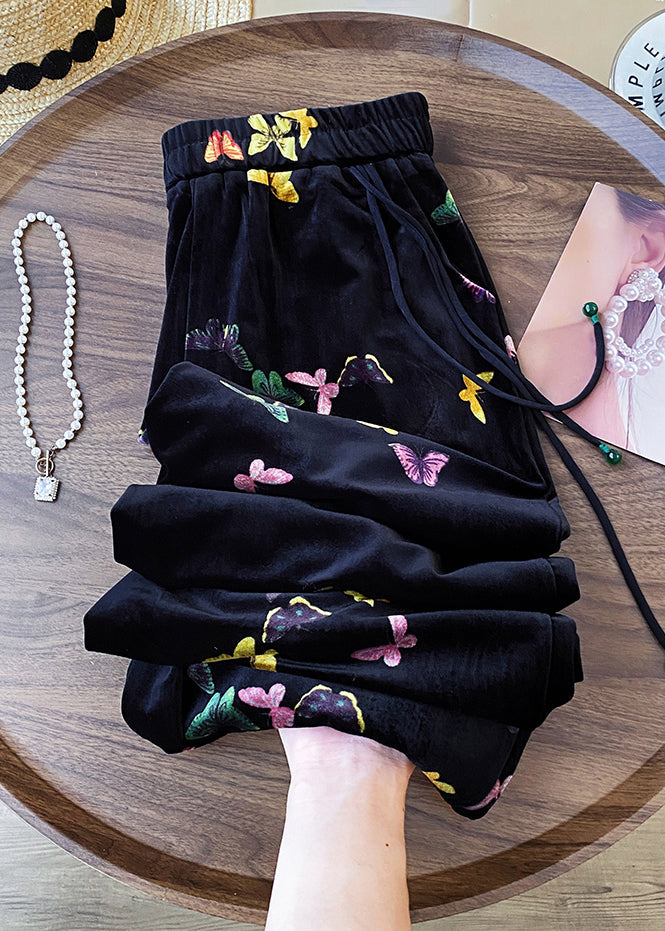 New Black Butterfly Elastic Waist Silk Velvet Straight Pants Fall