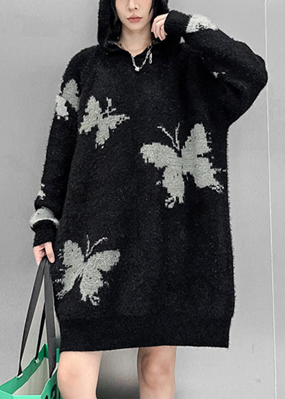 New Black Butterfly Print Hooded Cotton Knit Sweater Dress Fall