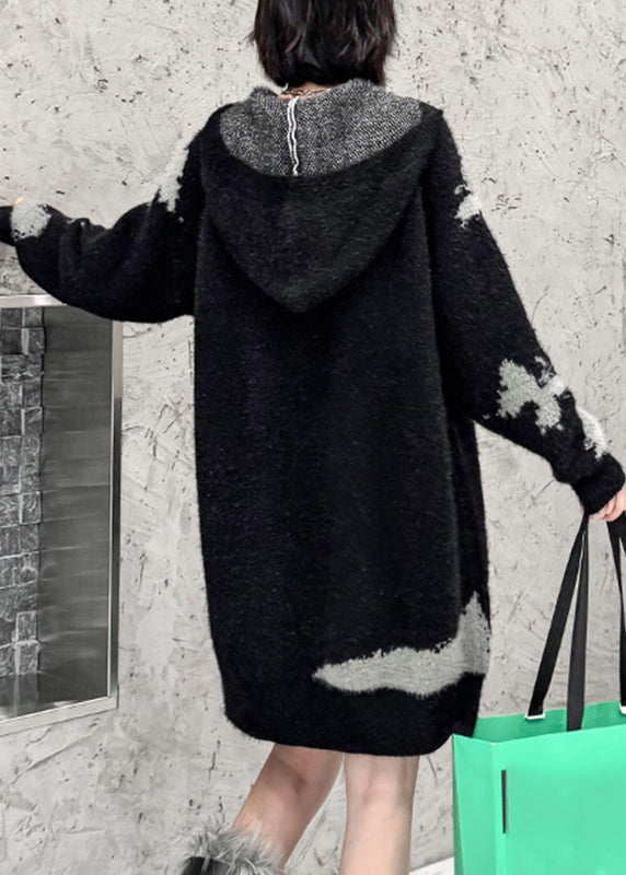 New Black Butterfly Print Hooded Cotton Knit Sweater Dress Fall