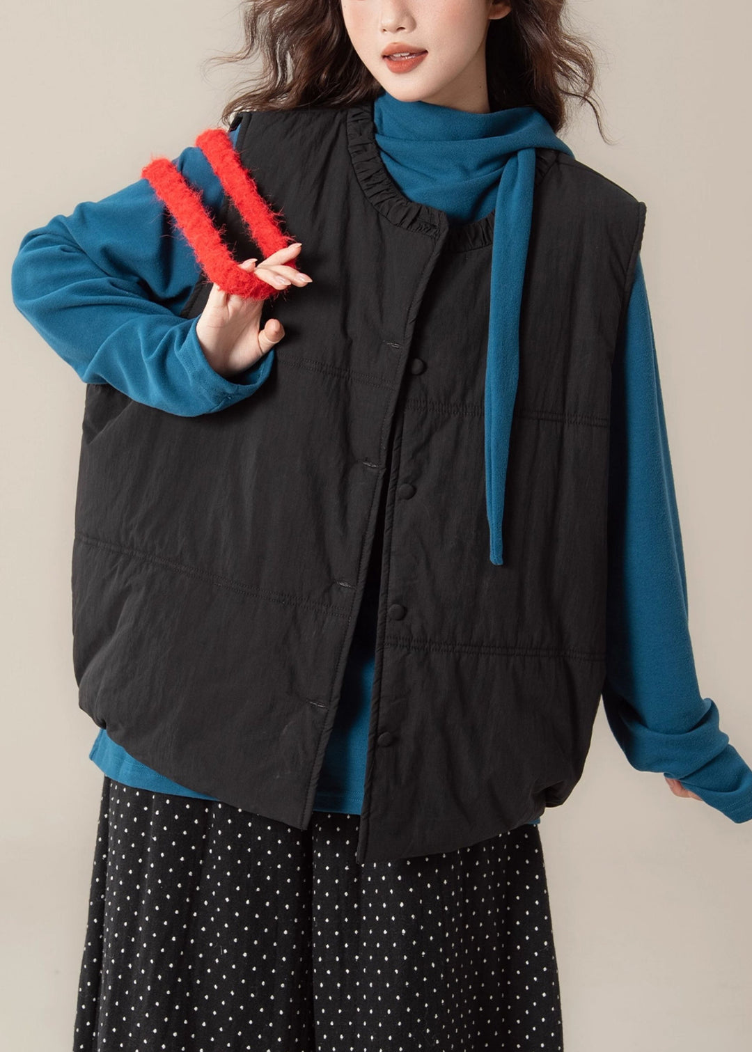 New Black Button Cotton Filled Waistcoat And Peacock Blue T Shirt Two Pieces Set