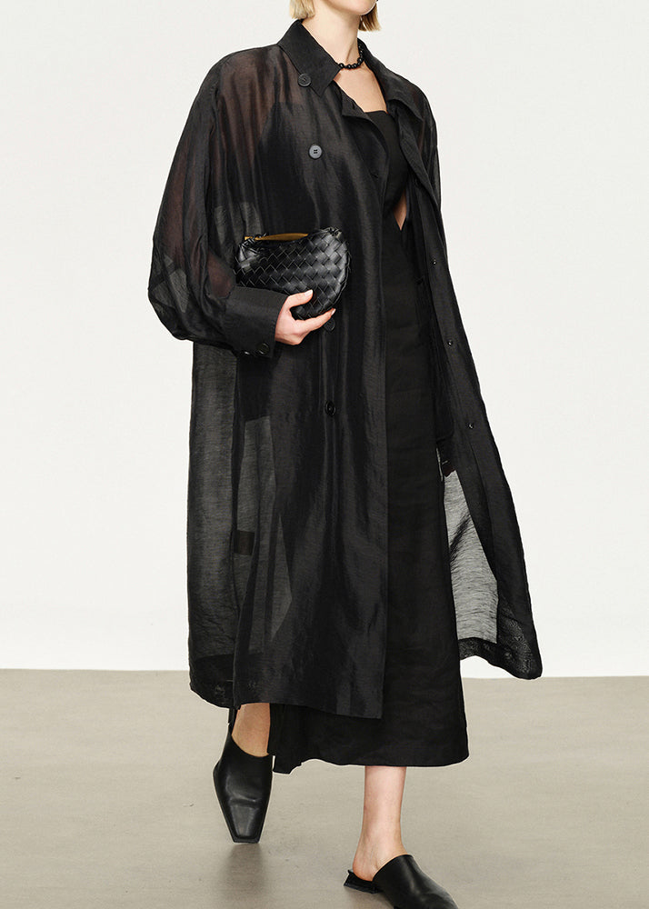 New Black Button Pockets Solid Linen Silk Long Trench Coat Batwing Sleeve
