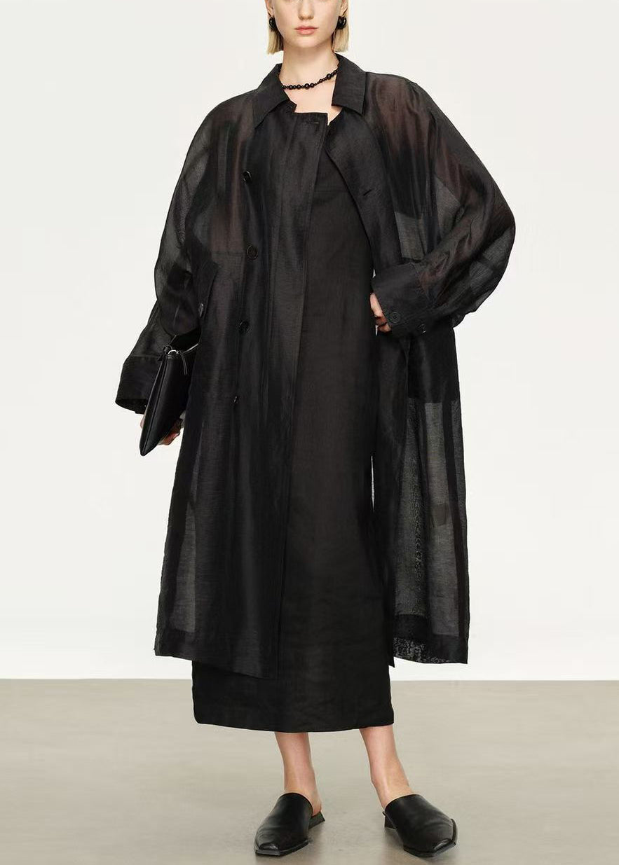 New Black Button Pockets Solid Linen Silk Long Trench Coat Batwing Sleeve