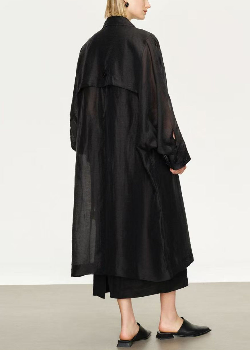 New Black Button Pockets Solid Linen Silk Long Trench Coat Batwing Sleeve