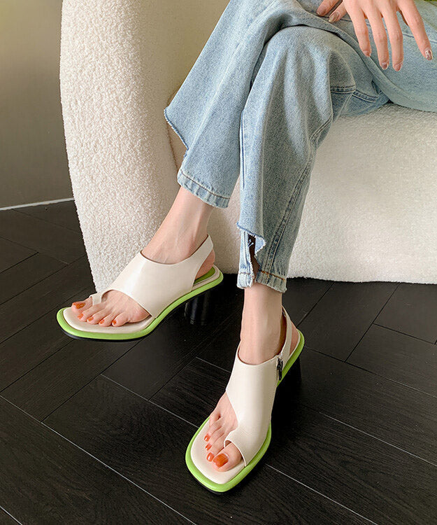New Black Chunky Heel Cowhide Leather Toe Covering Sandals