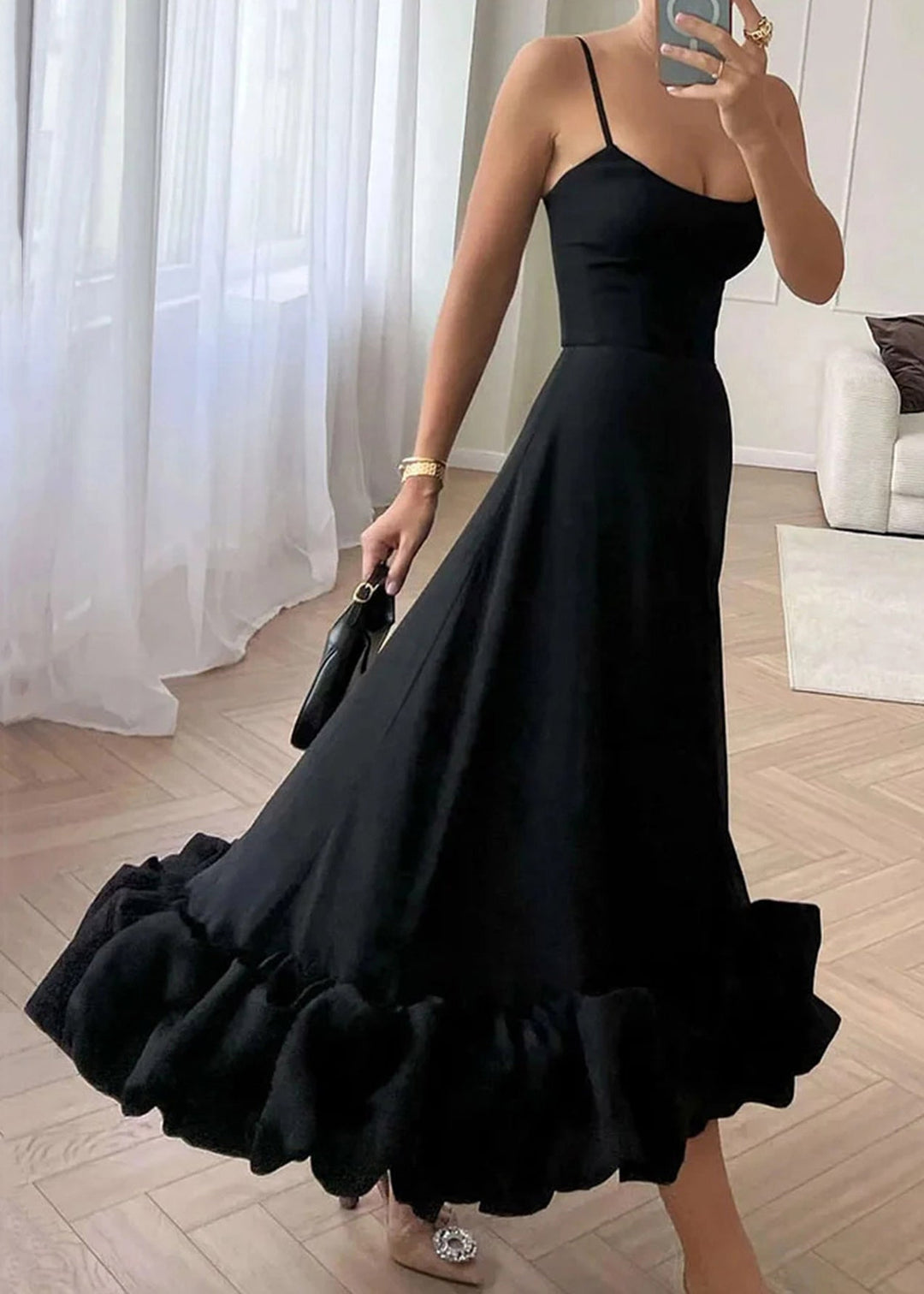 New Black Cold Shoulder Solid Cotton Spaghetti Strap Dress Sleeveless