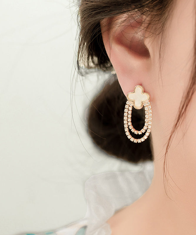New Black Copper Overgild Zircon Four-Leaf Clover Hoop Earrings