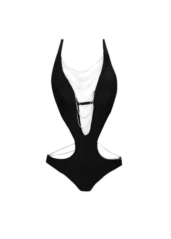 New Black Deep-V Neck Backless Swimwear Bodysuit