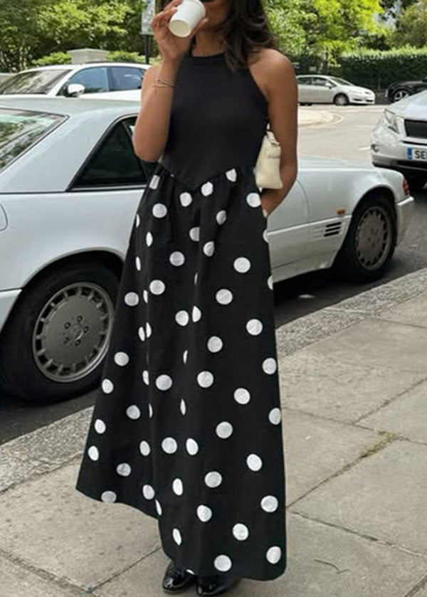 New Black Dot Print Patchwork Cotton Dresses Sleeveless