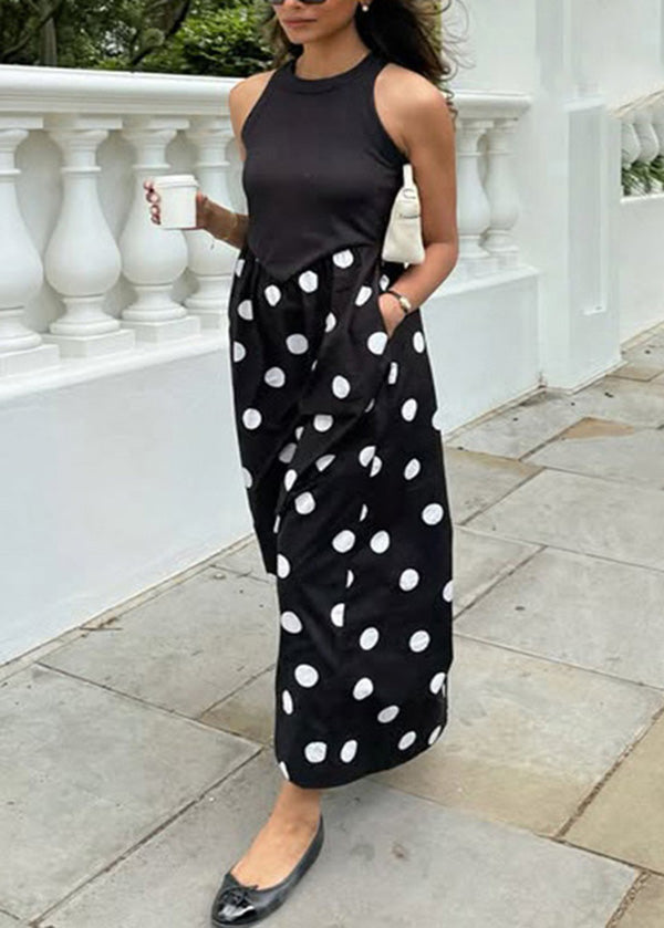 New Black Dot Print Patchwork Cotton Dresses Sleeveless