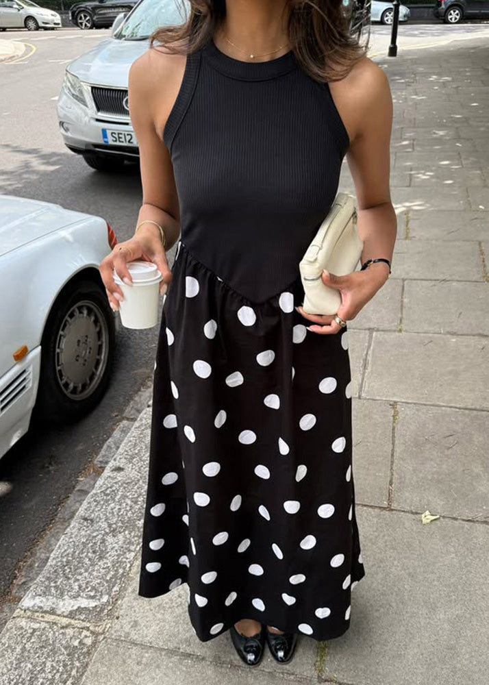 New Black Dot Print Patchwork Cotton Dresses Sleeveless