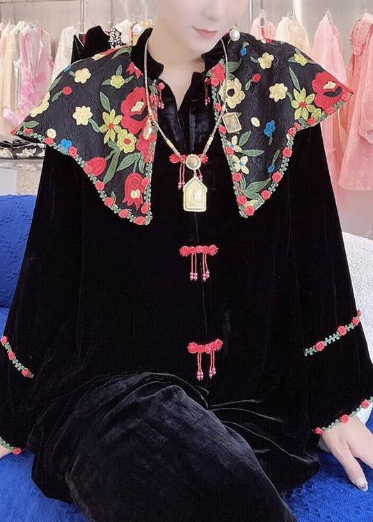 New Black Embroidered Button Silk Velour Shirt Long Sleeve
