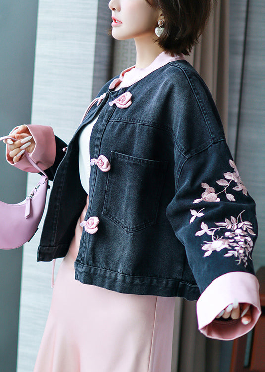 New Black Embroidered Chinese Button Denim Coat Spring
